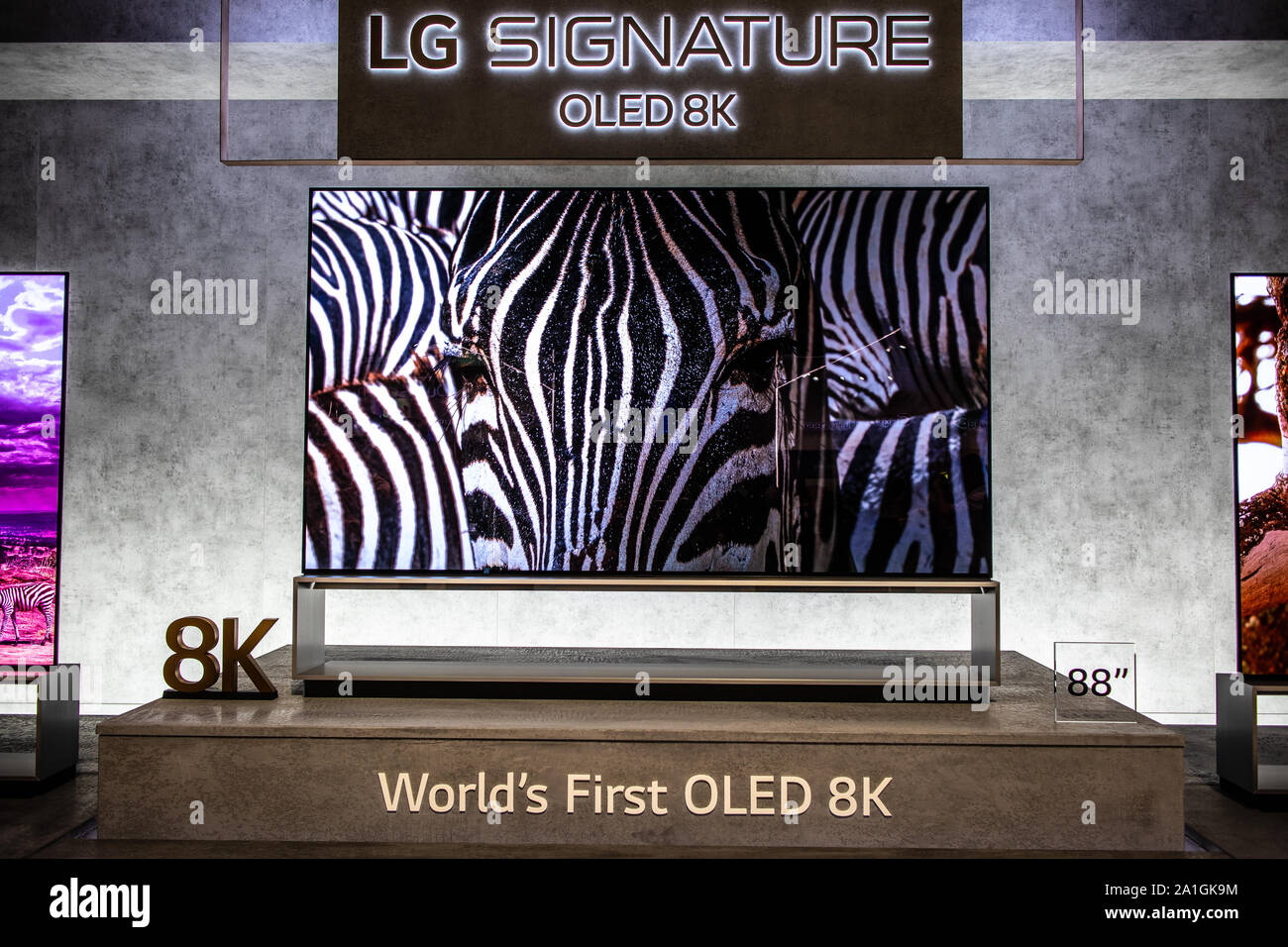 Berlin, Germany, Sep 2019, LG 8k Signature Smart OLED Premium TV on display, at LG exhibition showroom, stand at Global Innovations Show IFA 2019 Stock Photo