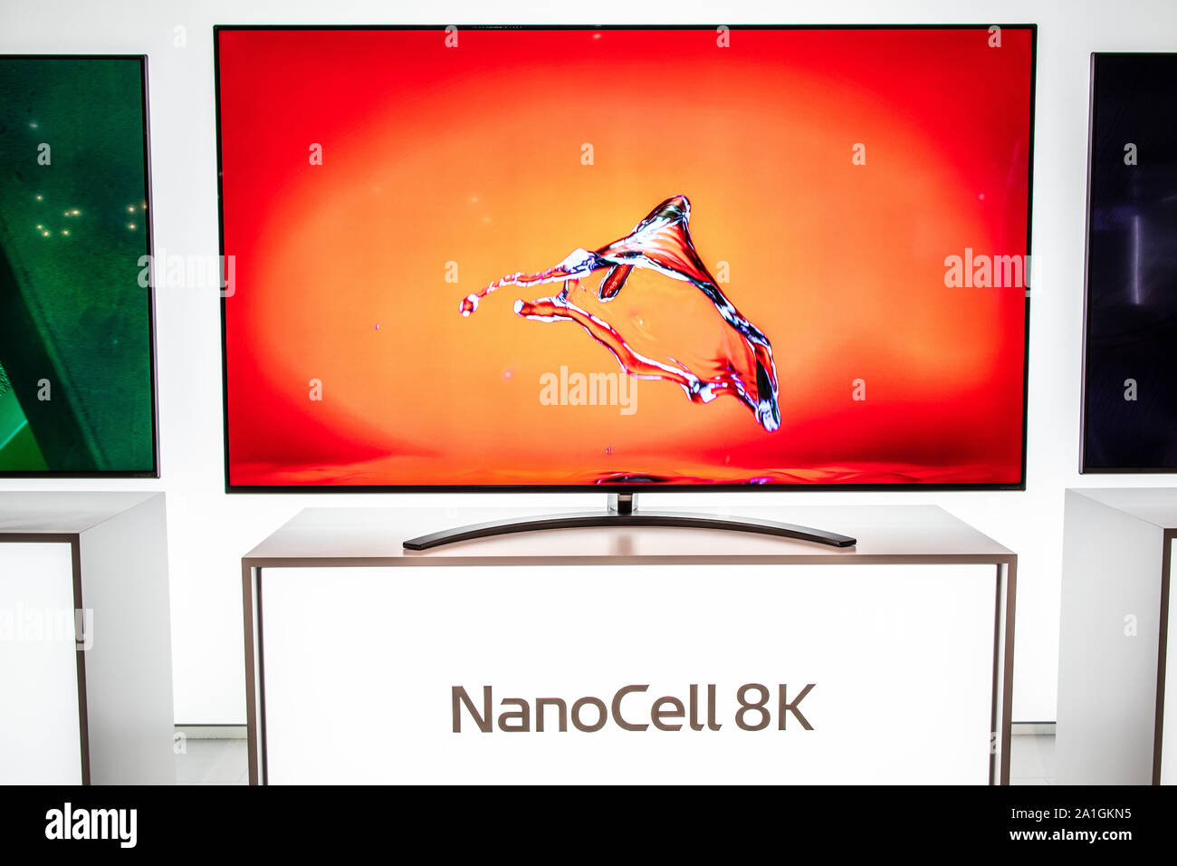 Berlin, Germany, Sep 2019, LG 8k Signature Smart OLED Premium TV on display, at LG exhibition showroom, stand at Global Innovations Show IFA 2019 Stock Photo