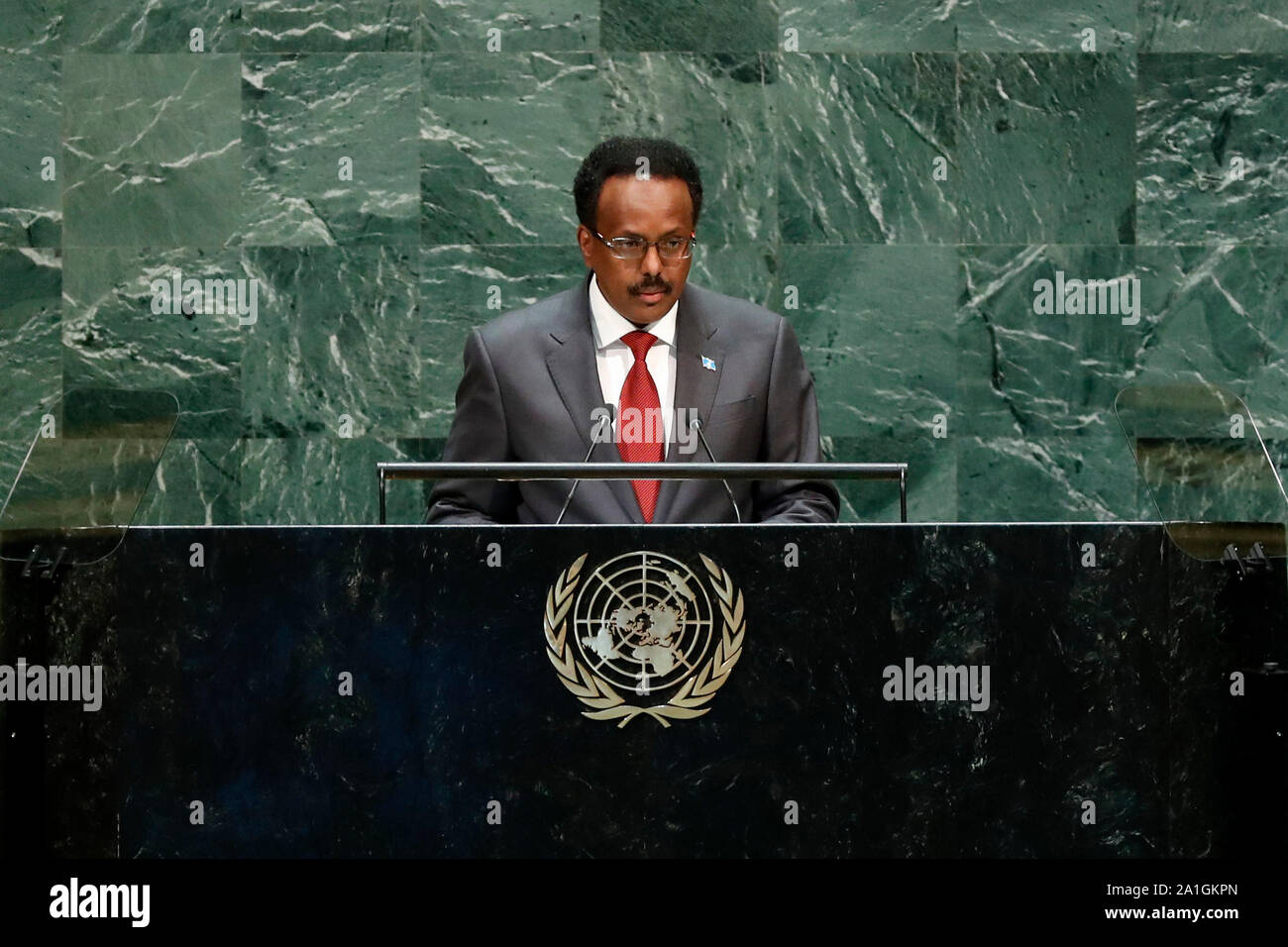 United Nations. 26th Sep, 2019. Somali President Mohamed Abdullahi Farmajo addresses the General Debate of the 74th session of the UN General Assembly at the UN headquarters in New York, on Sept. 26, 2019. Credit: Li Muzi/Xinhua/Alamy Live News Stock Photo