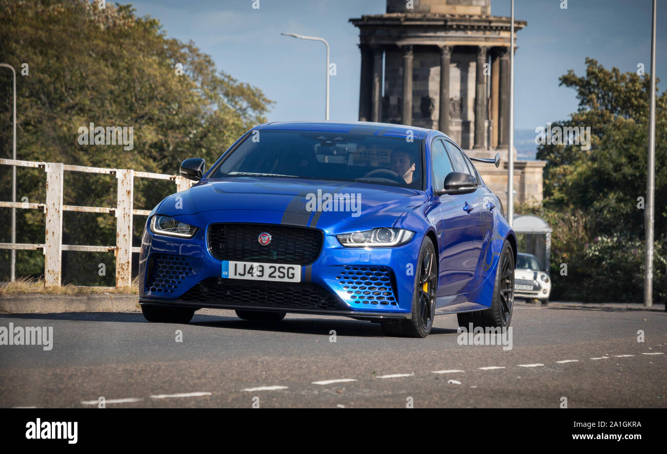 A Jagaur XE Project 8 during filming of Fast and Furious 9 in Edinburgh during September 2019. Stock Photo