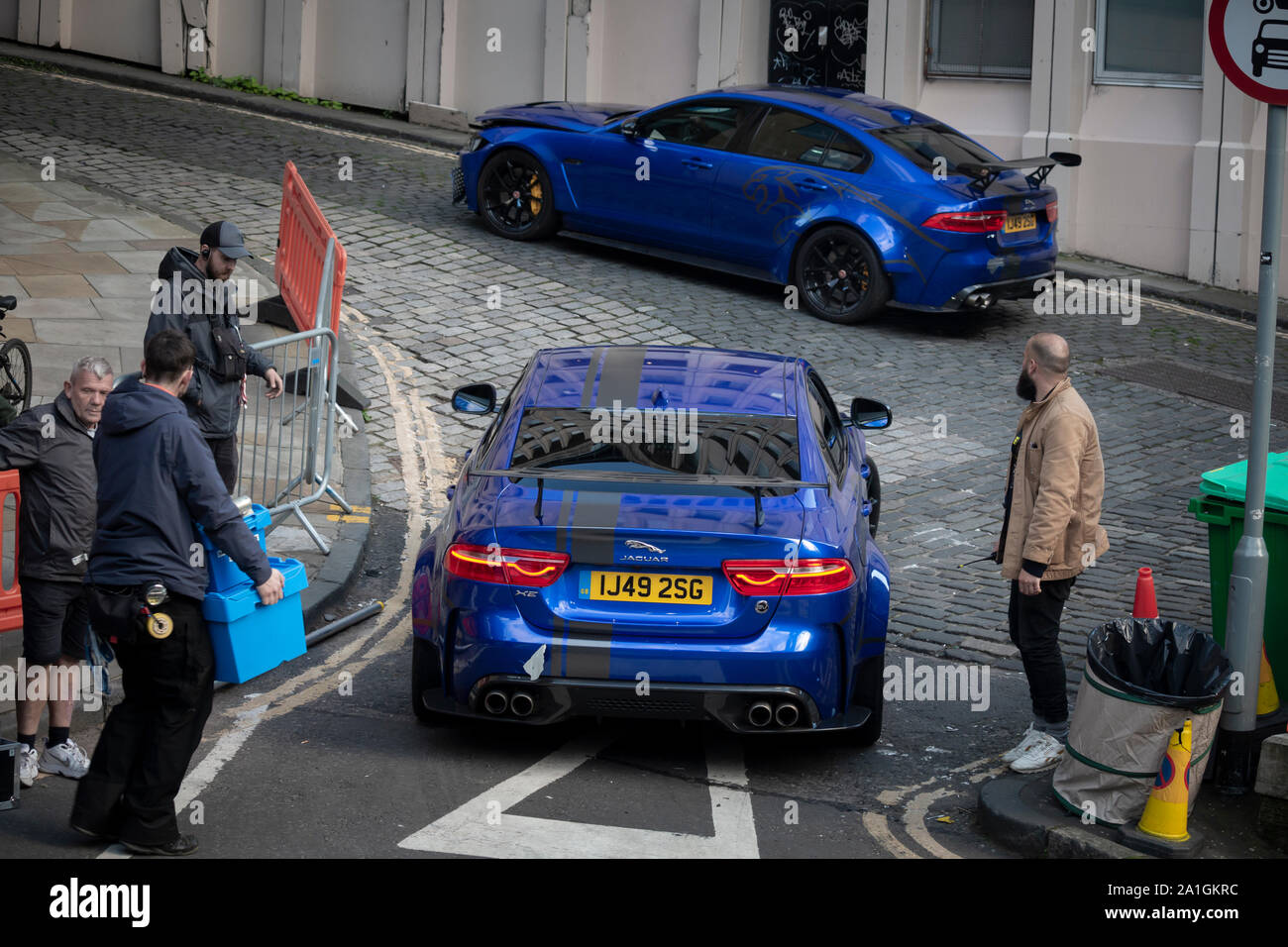Two Jagaur XE Project 8 during filming of Fast and Furious 9 in Edinburgh during September 2019. Stock Photo