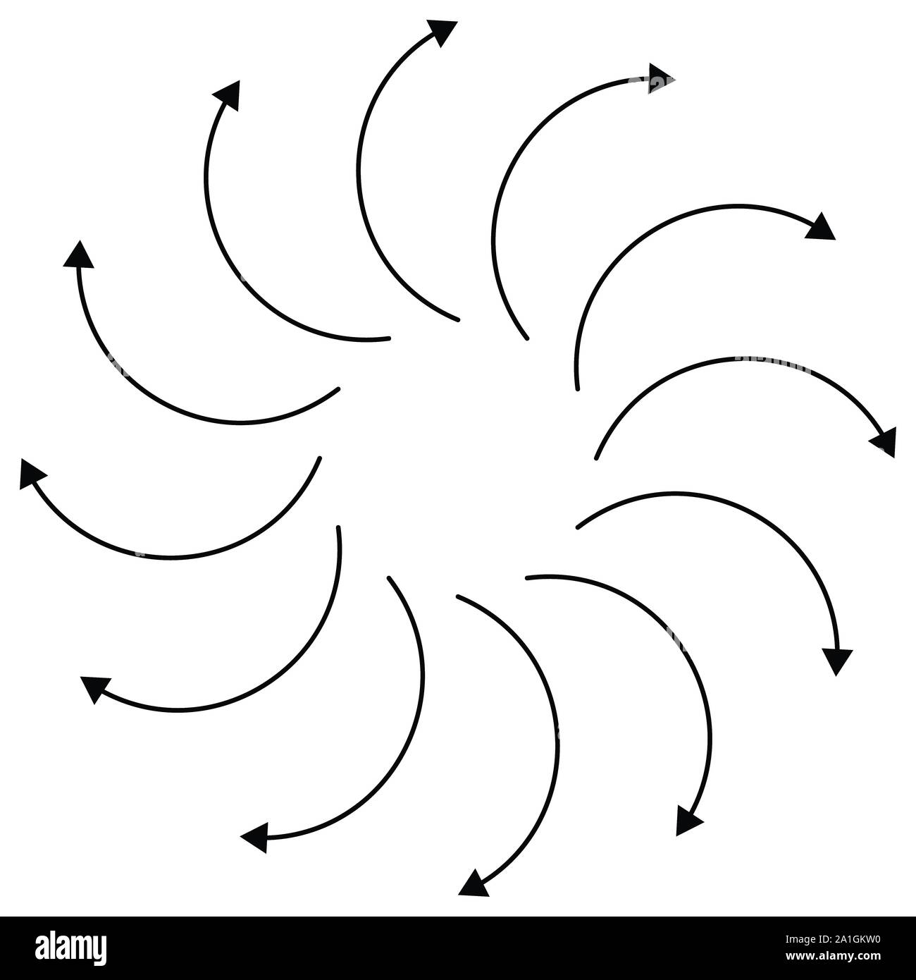 Curved circular arrow. Radial, concentric pointer for spin, orbit