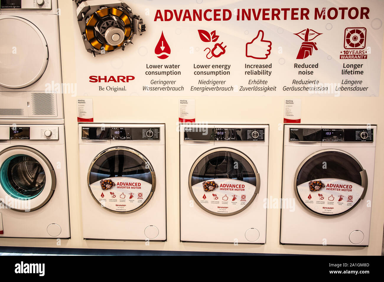 Berlin, Germany, Sep 2019, Sharp Washing Machine and tumble dryer on  display, Sharp exhibition pavilion showroom, stand, Global Innovations Show  IFA Stock Photo - Alamy