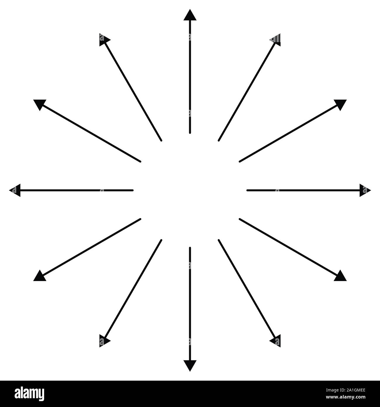 Radial, circular arrows pointing from center. Concentric pointers for extrusion, protrusion themes. Diffuse, dissension, bloat concept cursors illustr Stock Vector