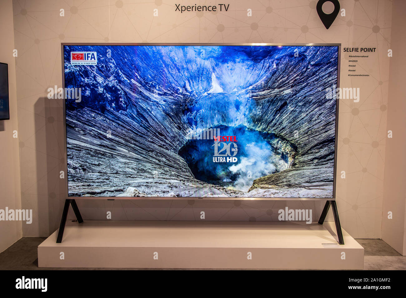 Berlin, Germany, Sep 2019, Vestel Ultra HD 120inch HDR10 Smart Premium TV on display, Vestel exhibition pavilion showroom, Global Innovations Show IFA Stock Photo