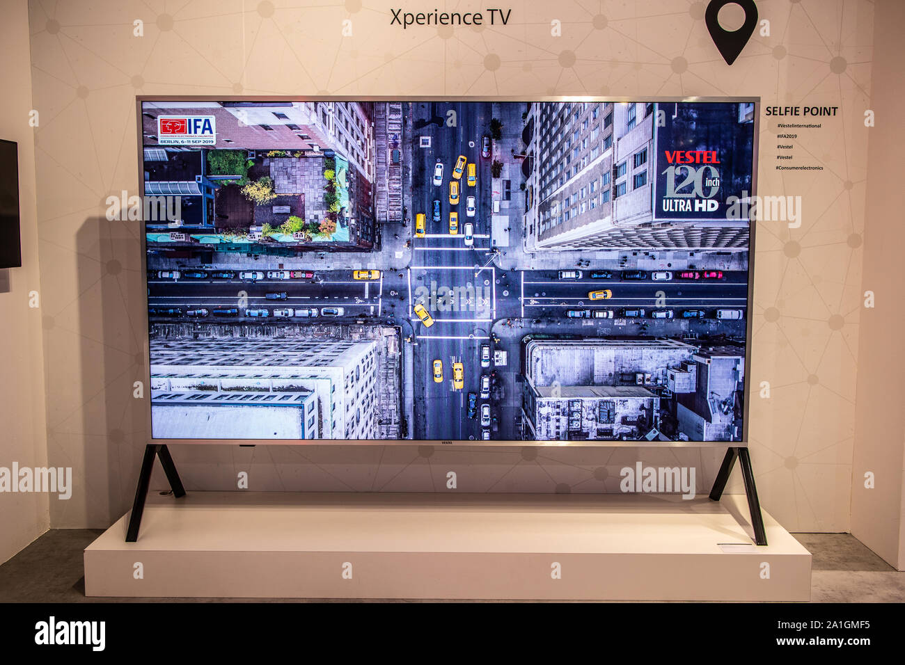 Berlin, Germany, Sep 2019, Vestel Ultra HD 120inch HDR10 Smart Premium TV on display, Vestel exhibition pavilion showroom, Global Innovations Show IFA Stock Photo