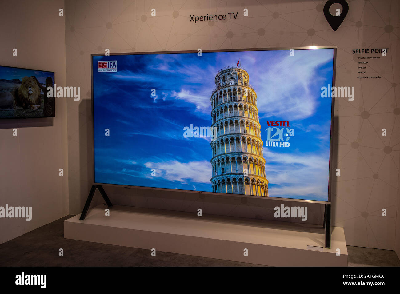 Berlin, Germany, Sep 2019, Vestel Ultra HD 120inch HDR10 Smart Premium TV on display, Vestel exhibition pavilion showroom, Global Innovations Show IFA Stock Photo