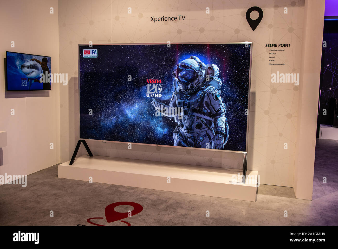 Berlin, Germany, Sep 2019, Vestel Ultra HD 120inch HDR10 Smart Premium TV on display, Vestel exhibition pavilion showroom, Global Innovations Show IFA Stock Photo