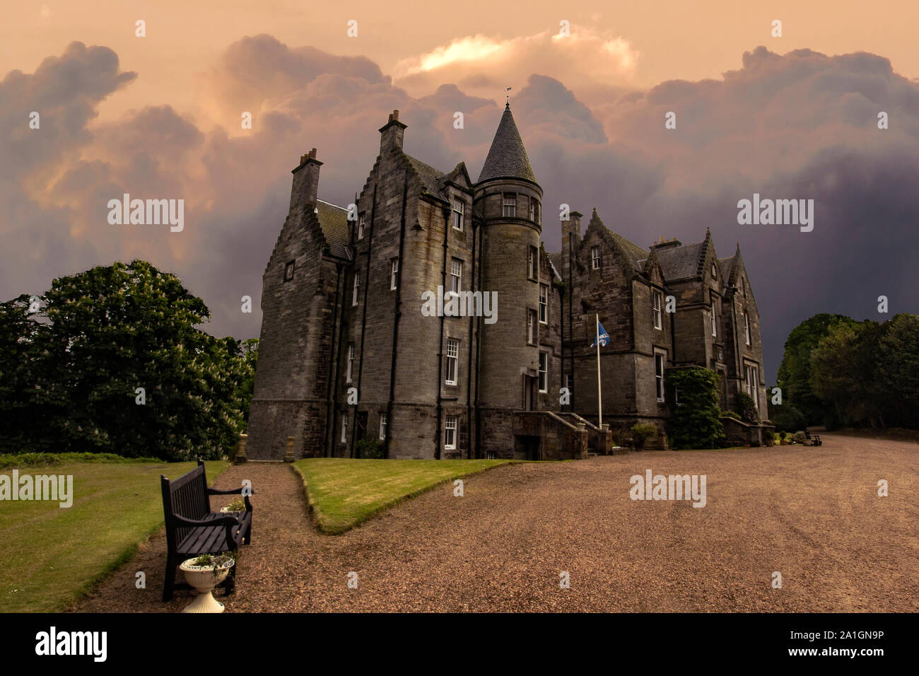 A private castle outside of St Andrews, Scotland with a storm brewing Stock Photo