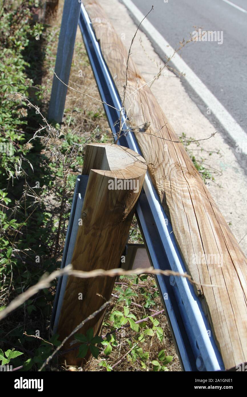 metal re-inforced wooden roadway guard rails, North shore, Tenerife Island, Canary Islands, Spain 2019 Stock Photo