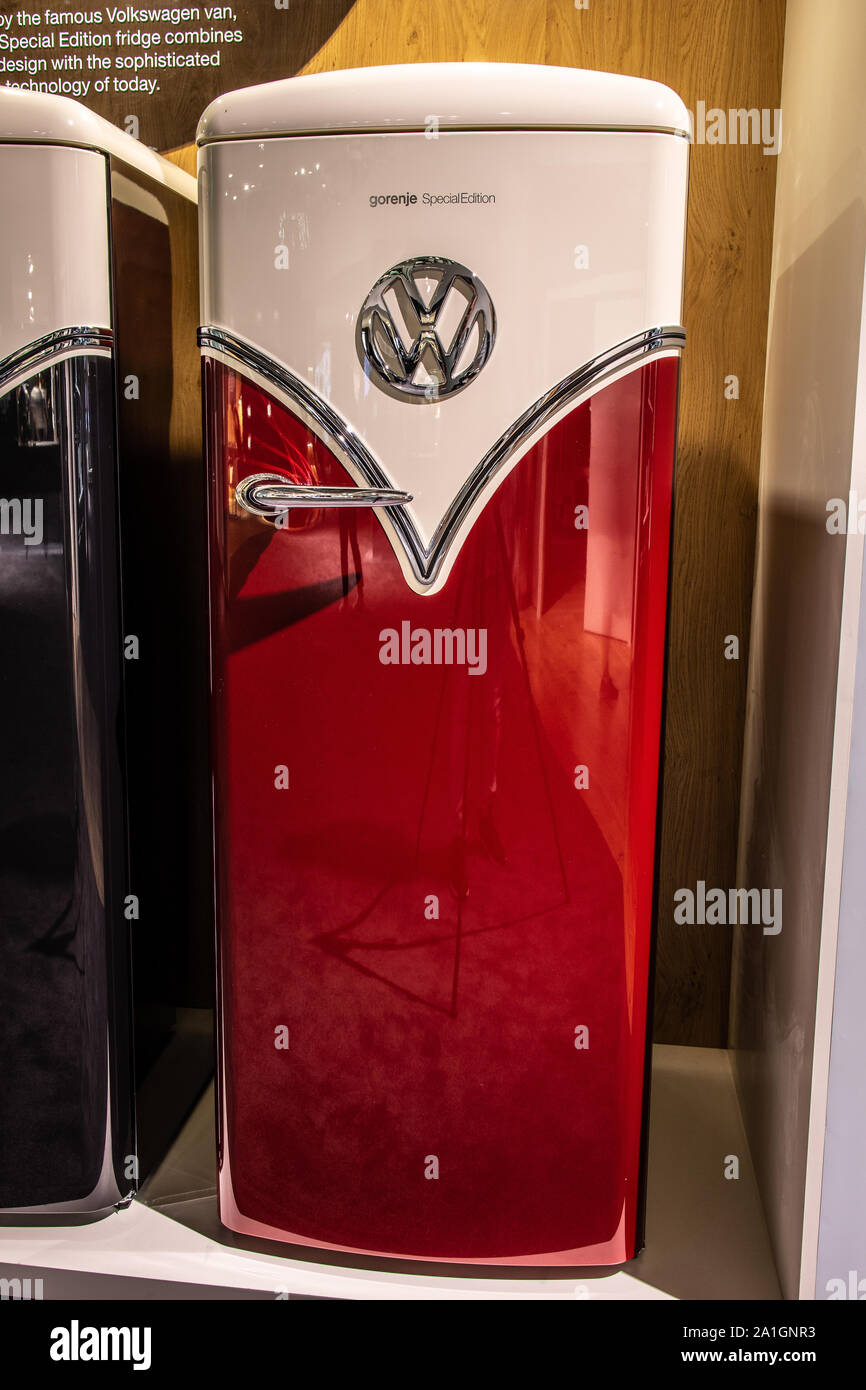 Berlin, Germany, Sep 2019 GORENJE Volkswagen VW edition fridge refrigerator  freezer, GORENJE exhibition pavilion showroom, Global Innovations Show IFA  Stock Photo - Alamy