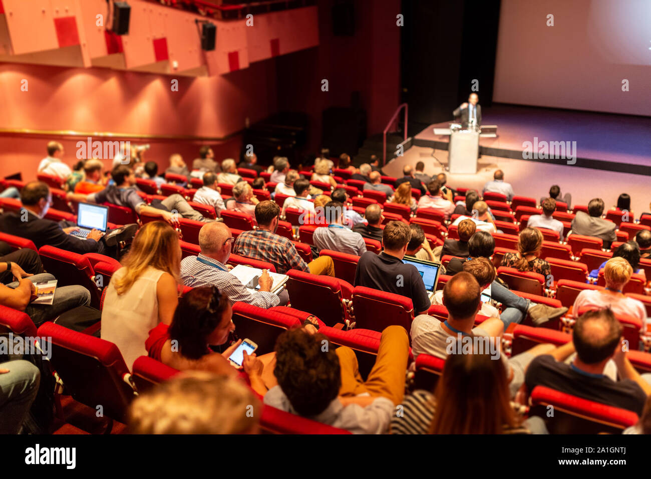 Business speaker giving a talk at business conference event. Stock Photo