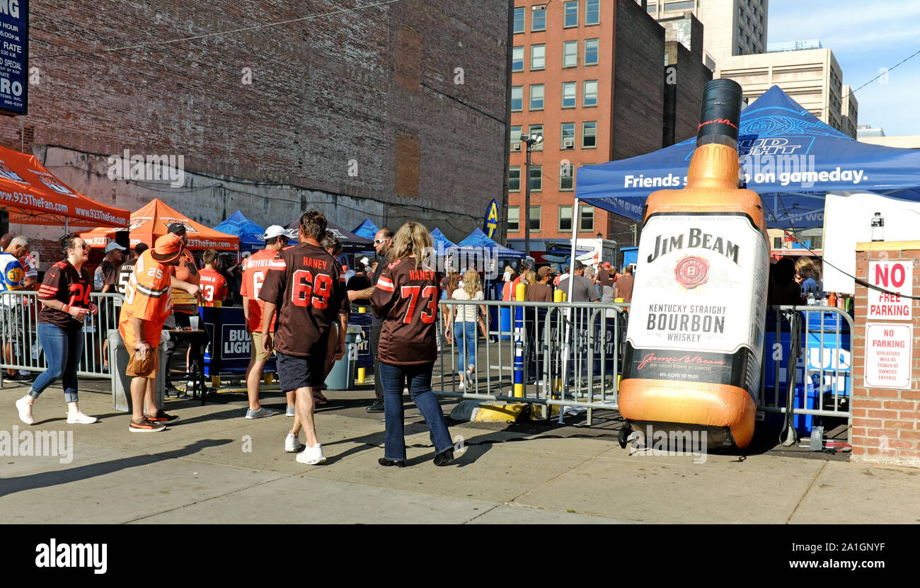 Cleveland Browns fans begin to fill one of many tailgating parties in downtown Cleveland, Ohio, USA prior to the September 22, 2019 Browns game. Stock Photo