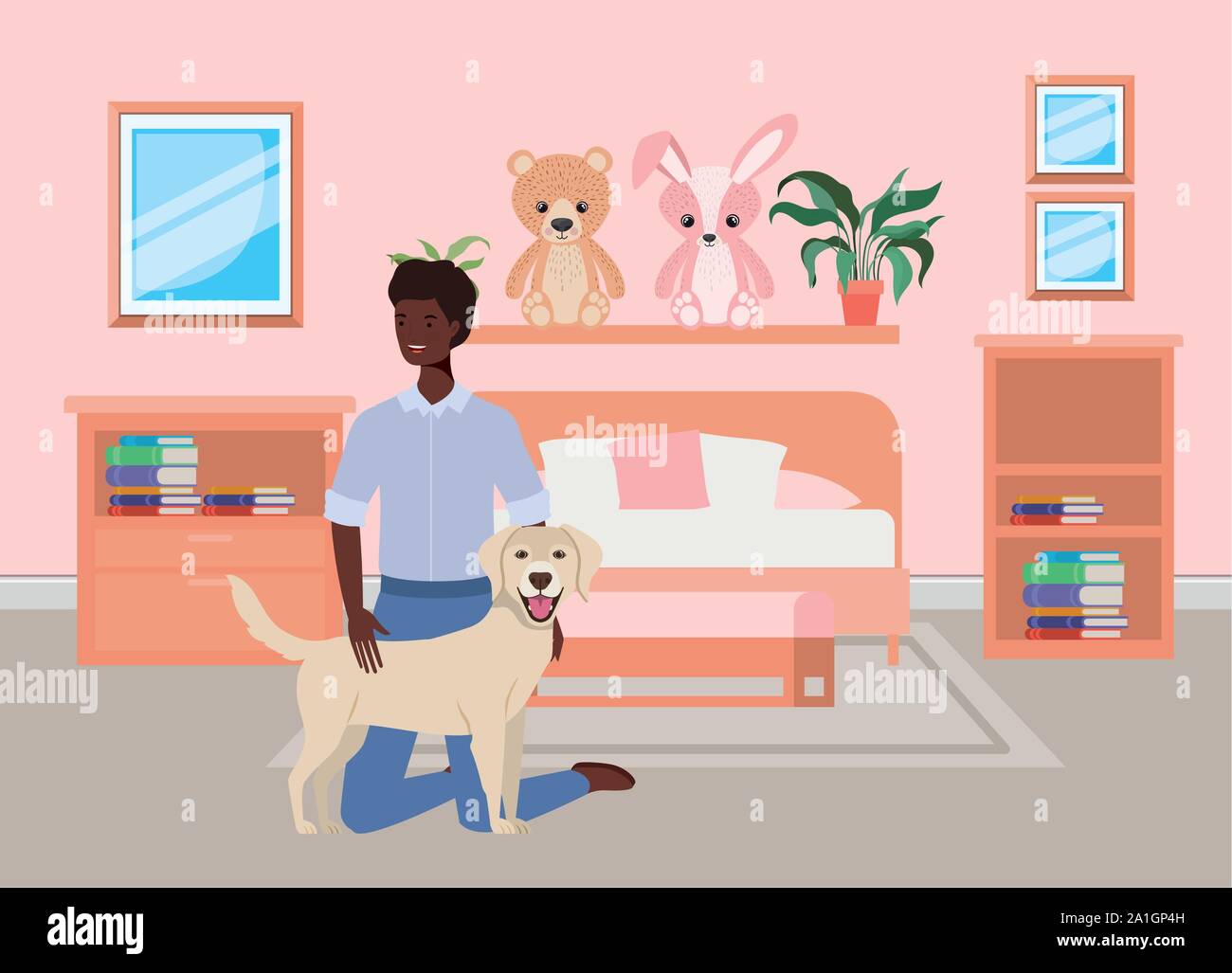 afro man with cute dog mascot in the bedroom Stock Vector Image & Art ...