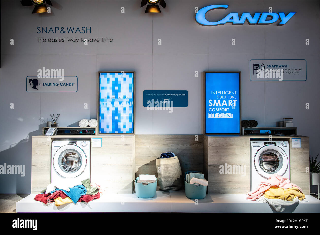 Berlin, Germany, Sep 2019, free-standing Candy Washing Machine on display,  at Candy exhibition pavilion showroom, Global Innovations Show IFA 2019  Stock Photo - Alamy