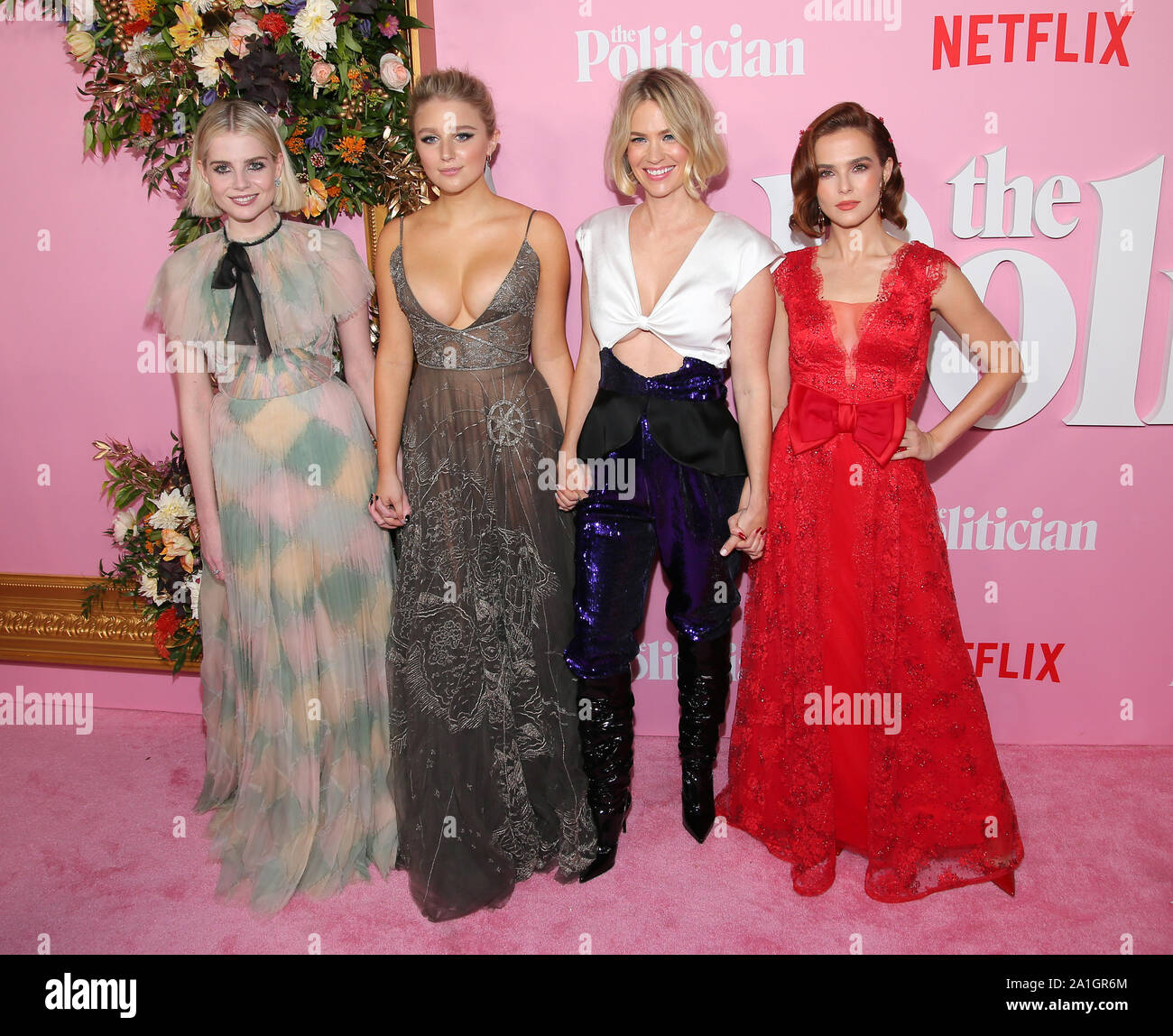 New York, United States. 26th Sep, 2019. (L-R) Lucy Boynton, Julia Schlaepfer, January Jones and Zoey Deutch arrive on the red carpet at the Netflix premiere of 'The Politician' on Thursday, September 26, 2019 in New York City Photo by Jemal Countess/UPI Credit: UPI/Alamy Live News Stock Photo