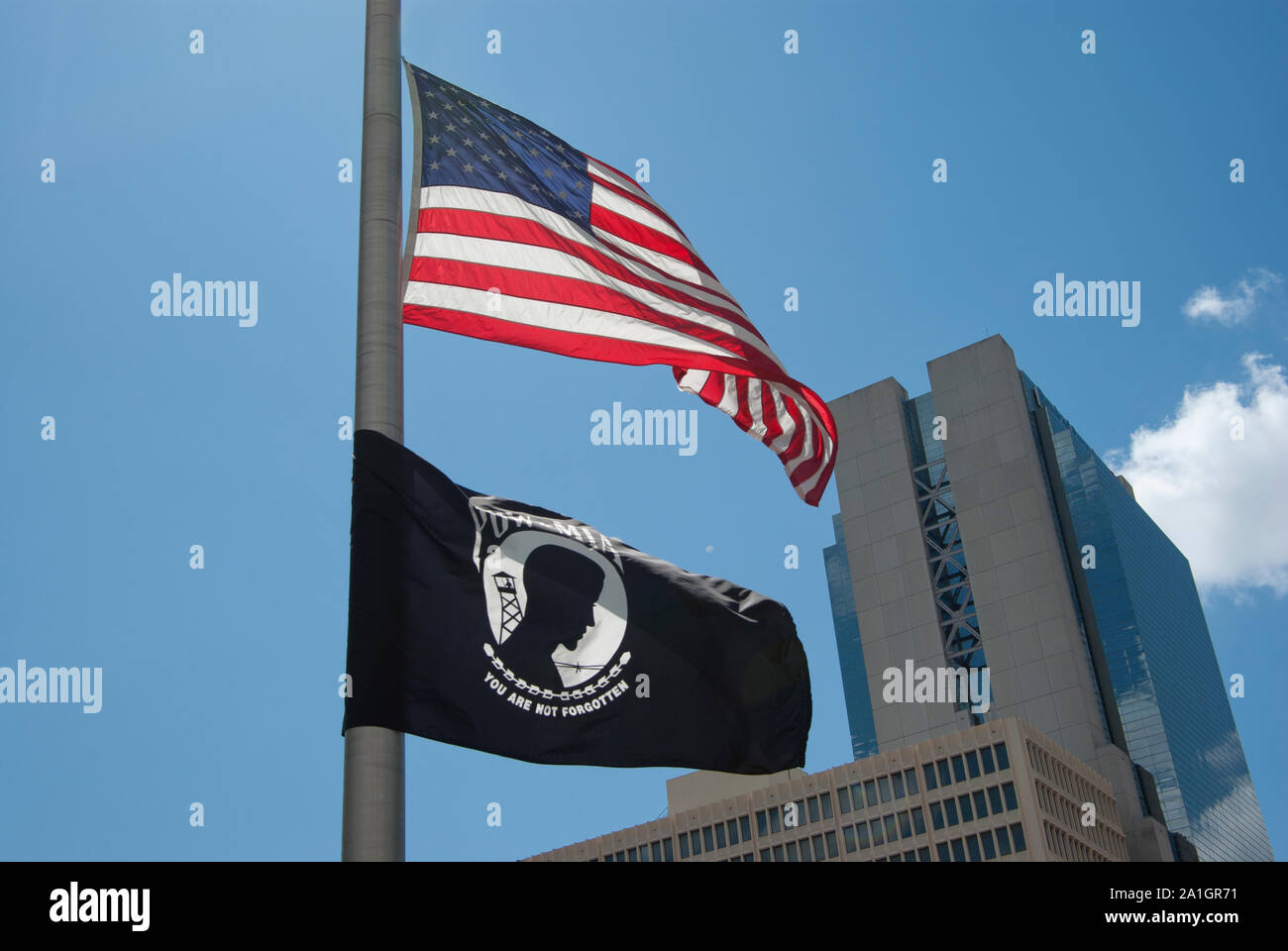 American and POW/MIA flags raised in Downtown Miami on Flagler street in recognition of POW day (Sep 20th) Stock Photo