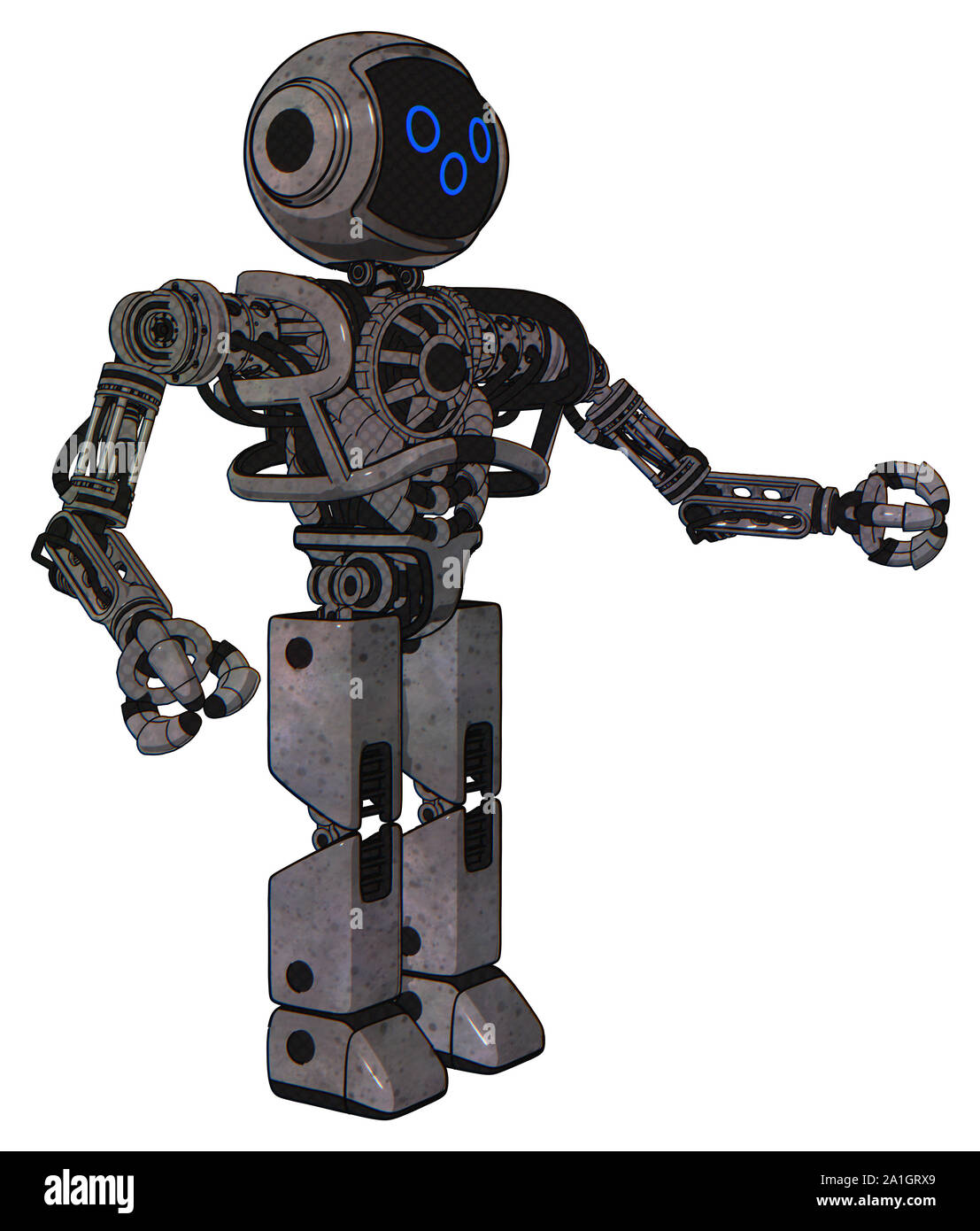 Robot containing elements: digital display expression, heavy upper chest, chest plating, prototype exoplate legs. Material: Unpainted met Stock Photo Alamy
