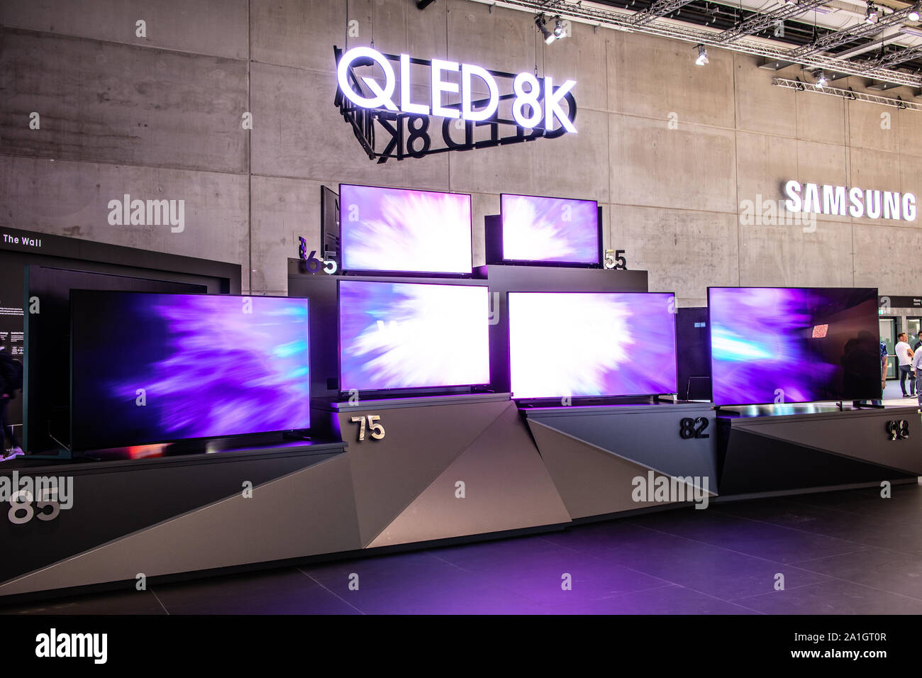 Berlin, Germany, Sep 2019, Samsung QLED 8K HDR Smart TV on display, Samsung exhibition showroom, stand at Global Innovations Show IFA 2019 Stock Photo