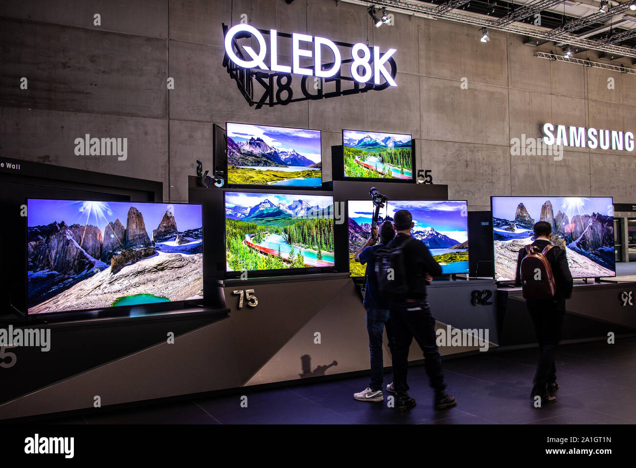 Berlin, Germany, Sep 2019, Samsung QLED 8K HDR Smart TV on display, Samsung exhibition showroom, stand at Global Innovations Show IFA 2019 Stock Photo