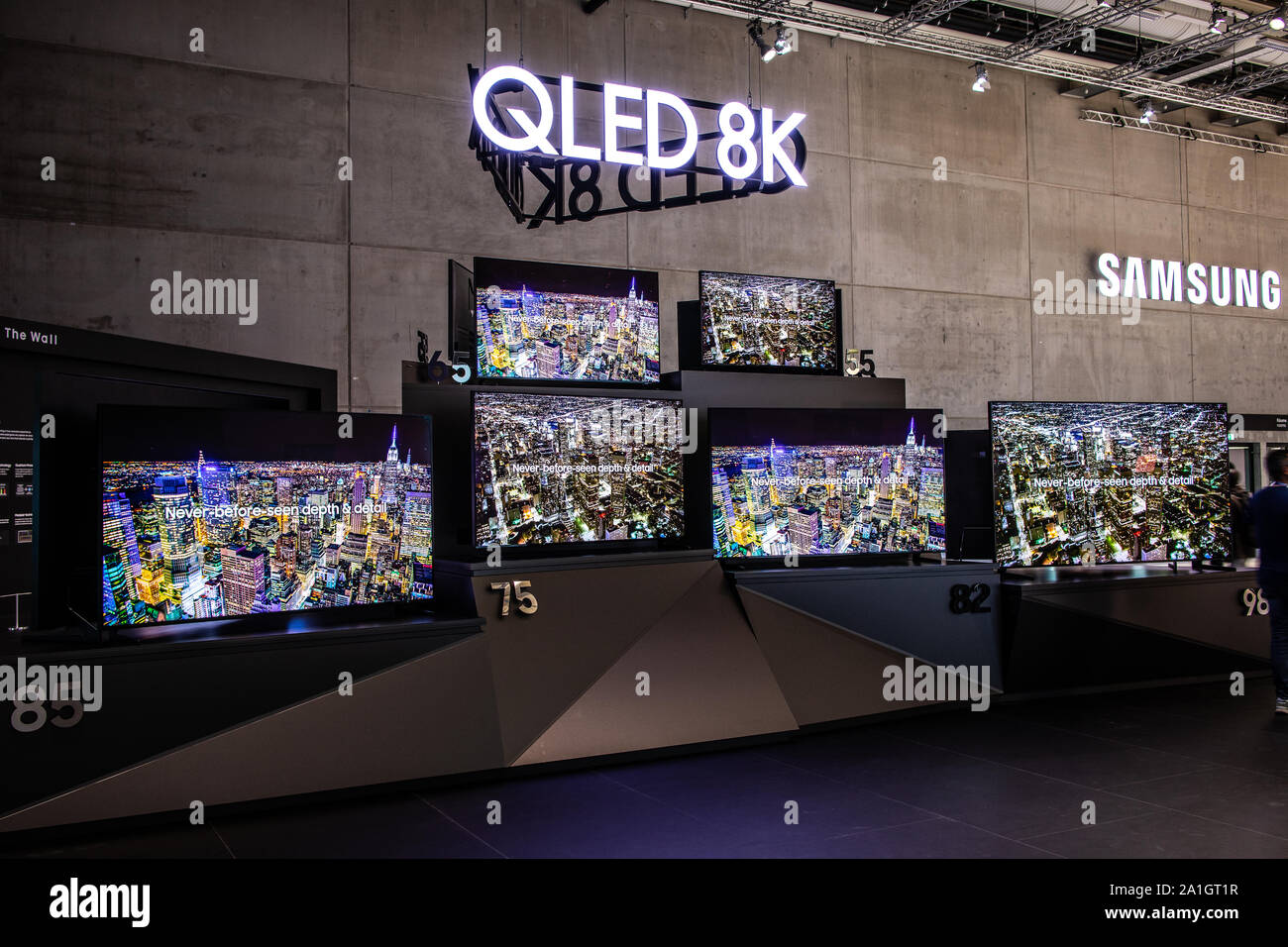 Berlin, Germany, Sep 2019, Samsung QLED 8K HDR Smart TV on display, Samsung exhibition showroom, stand at Global Innovations Show IFA 2019 Stock Photo