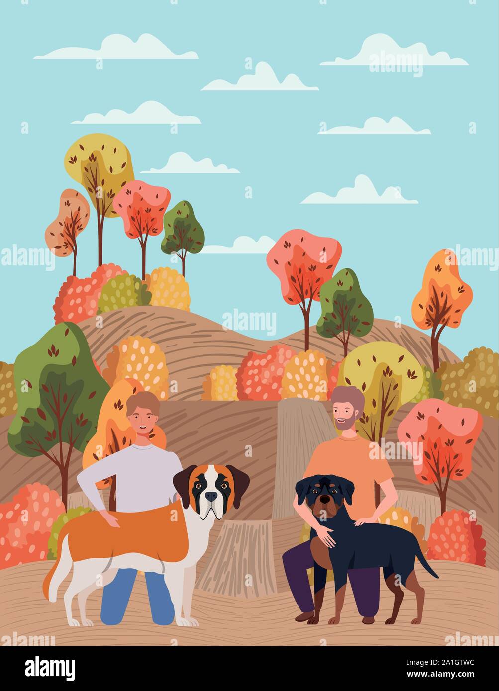 young men with cute dogs mascots in the autumn camp Stock Vector Image ...