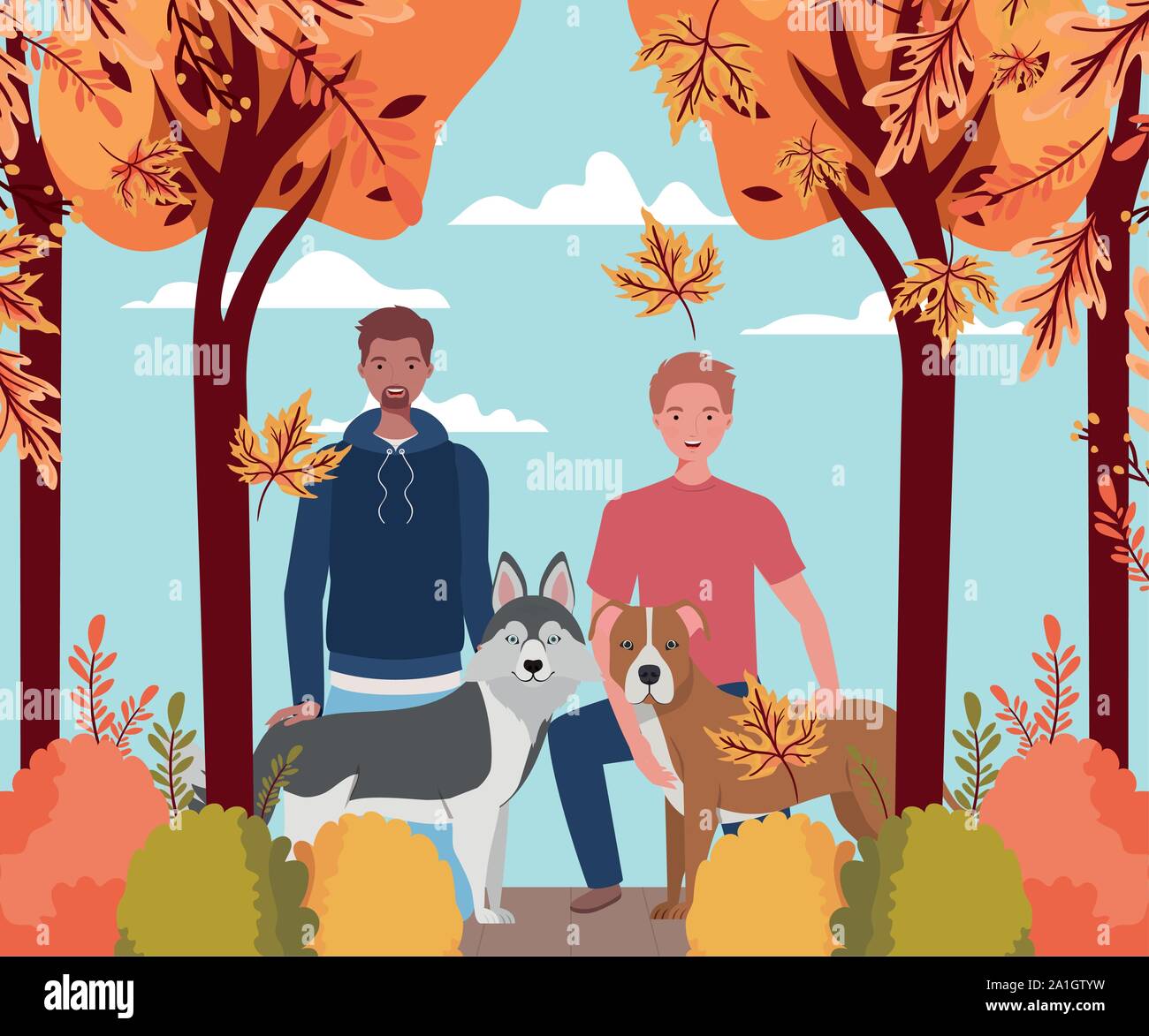 young men with cute dogs mascots in the autumn camp Stock Vector Image ...