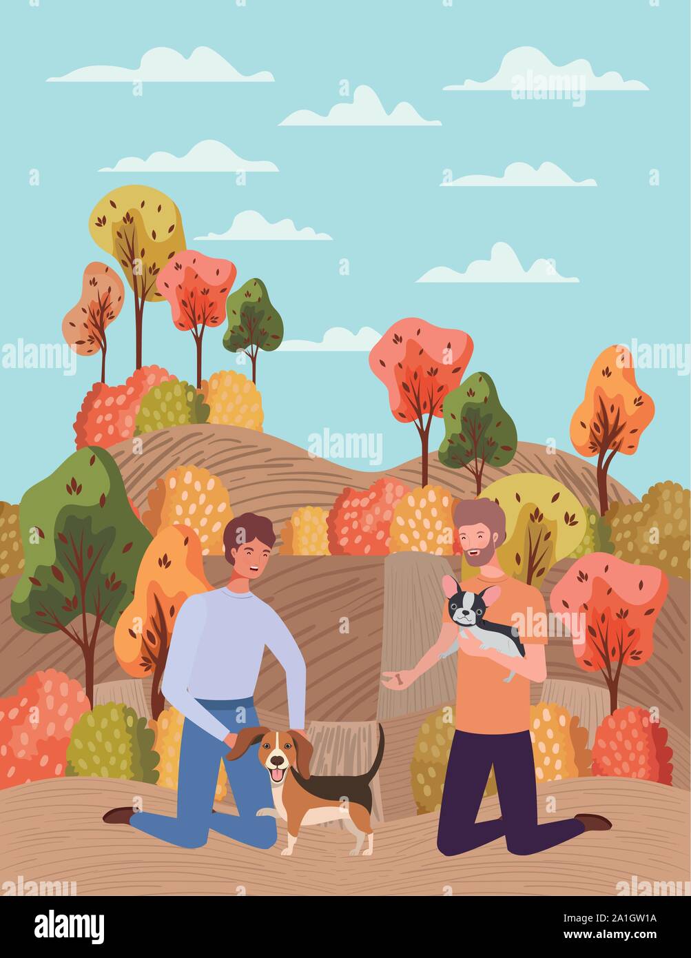 young men with cute dogs mascots in the autumn camp Stock Vector Image ...