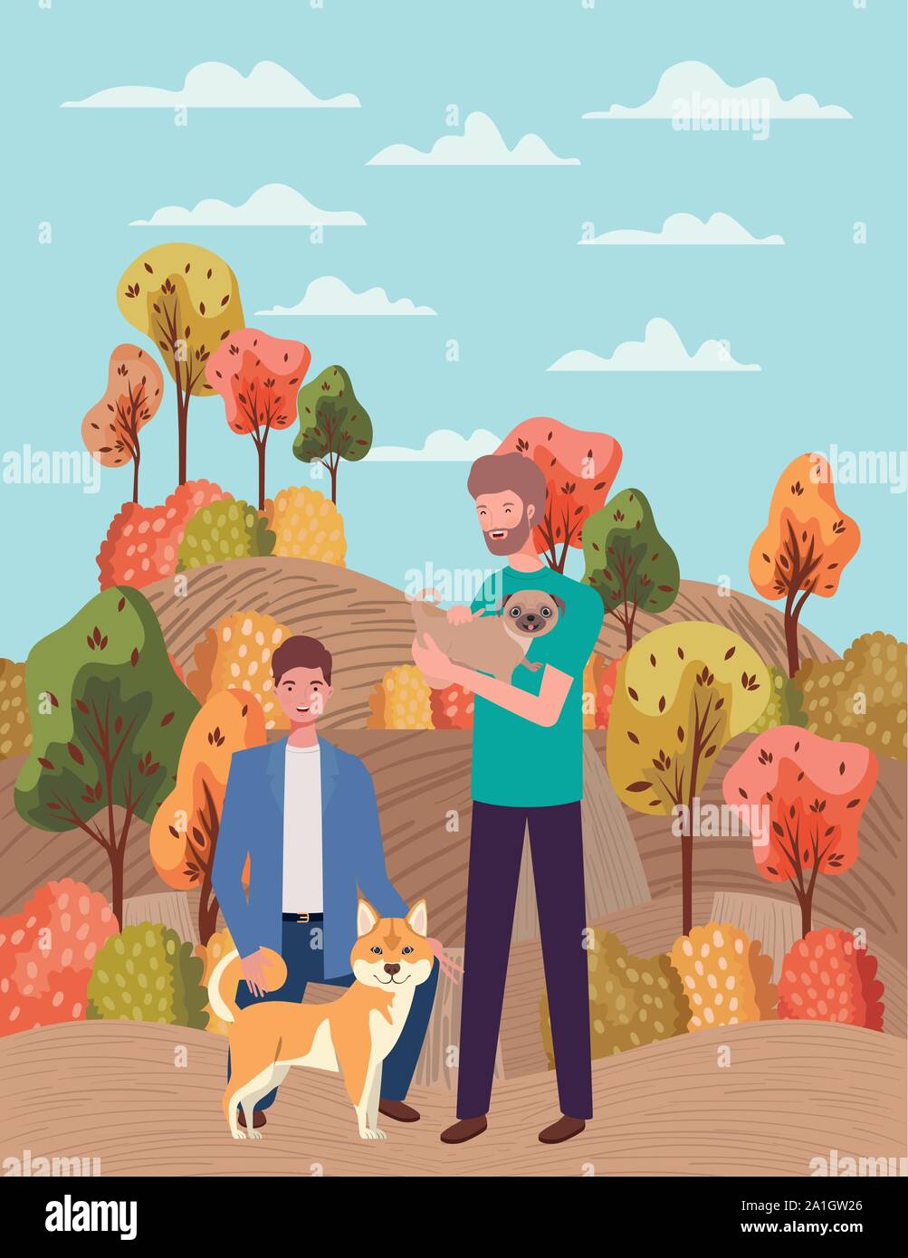 young men with cute dogs mascots in the autumn camp Stock Vector Image ...