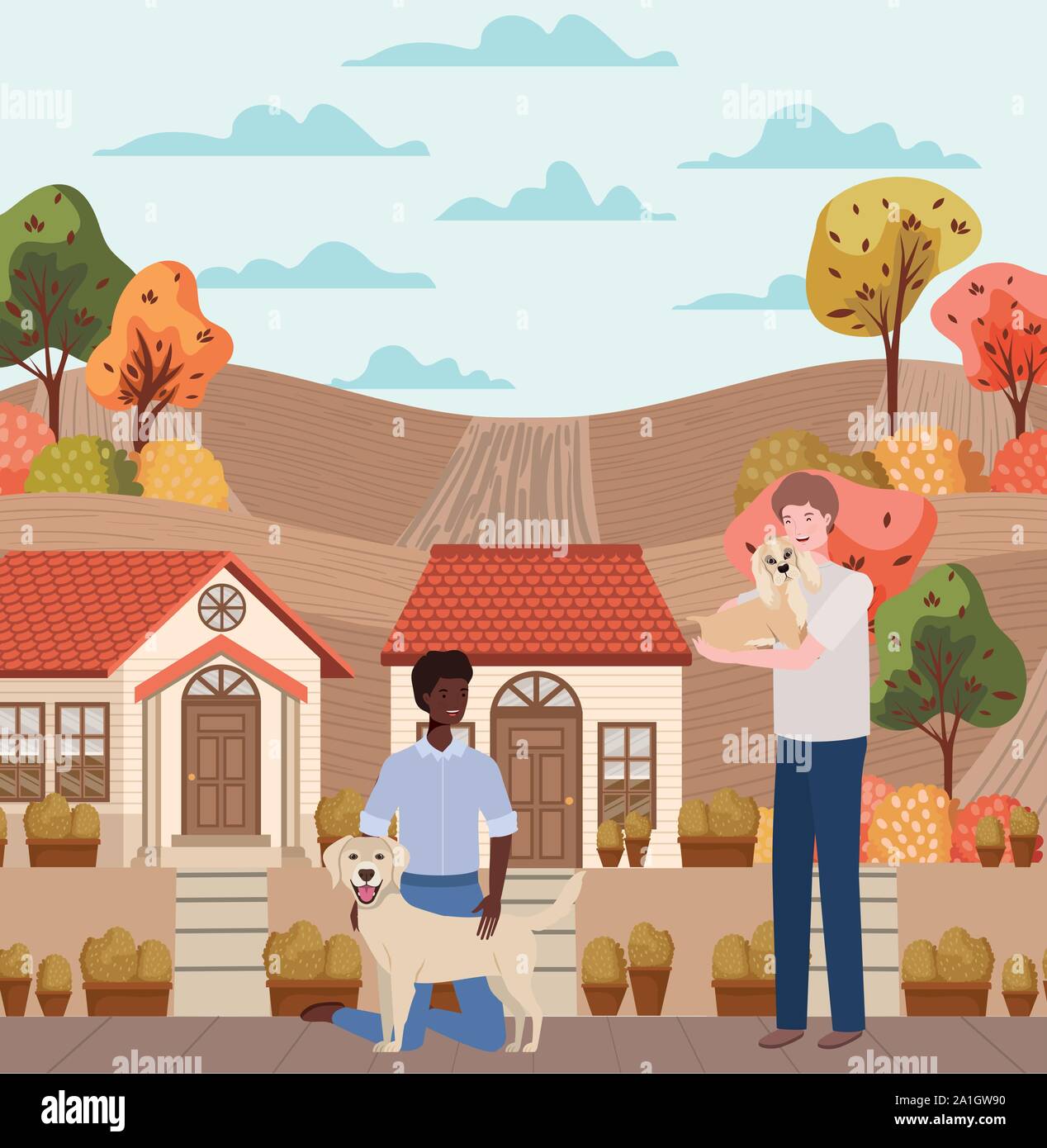 interracial men with cute dogs mascots in the autumn city scene Stock ...