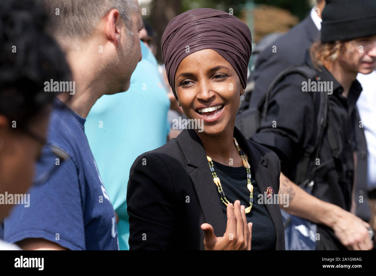 Sept. 26th, 2019, Washington, DC:  US Congresswoman Ilhan Omar (D-MN), Congresswoman Barbara Lee (D-CA), and Congressman Al Green (D-TX), speak at an 'Impeach Trump' rally, hosted by Progressive Democrats of America, in front of the US Capitol.  Pictured: Rep. Ilhan Omar (D-MN) meets with supporters. Stock Photo