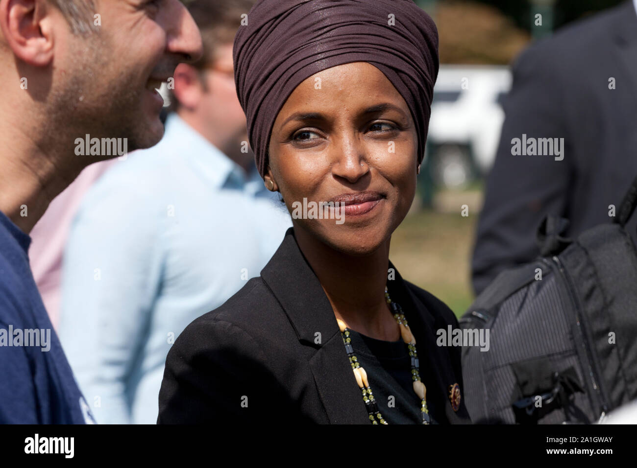 Sept. 26th, 2019, Washington, DC:  US Congresswoman Ilhan Omar (D-MN), Congresswoman Barbara Lee (D-CA), and Congressman Al Green (D-TX), speak at an 'Impeach Trump' rally, hosted by Progressive Democrats of America, in front of the US Capitol.  Pictured: Rep. Ilhan Omar (D-MN) meets with supporters. Stock Photo