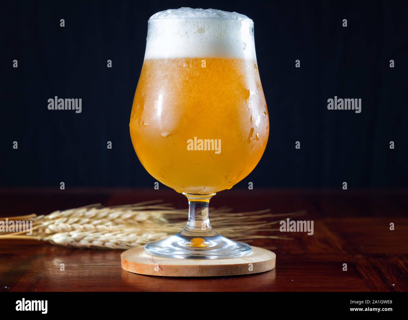 Hazy IPA craft beer in a tulip shaped beer glass with lots of foamy head. Stock Photo