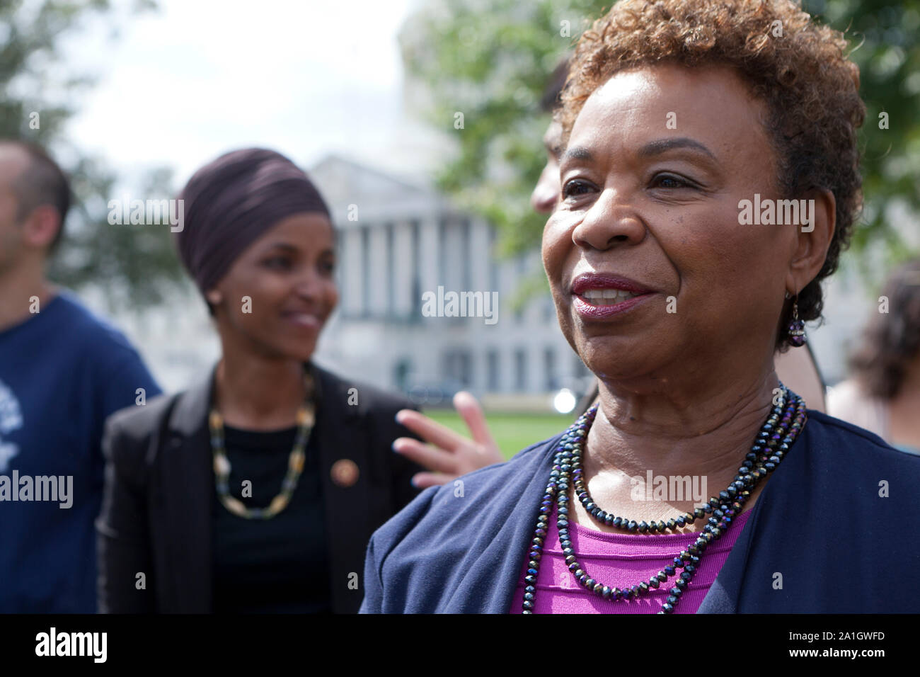 Sept. 26th, 2019, Washington, DC:  US Congresswoman Ilhan Omar (D-MN), Congresswoman Barbara Lee (D-CA), and Congressman Al Green (D-TX), speak at an 'Impeach Trump' rally, hosted by Progressive Democrats of America, in front of the US Capitol. Stock Photo