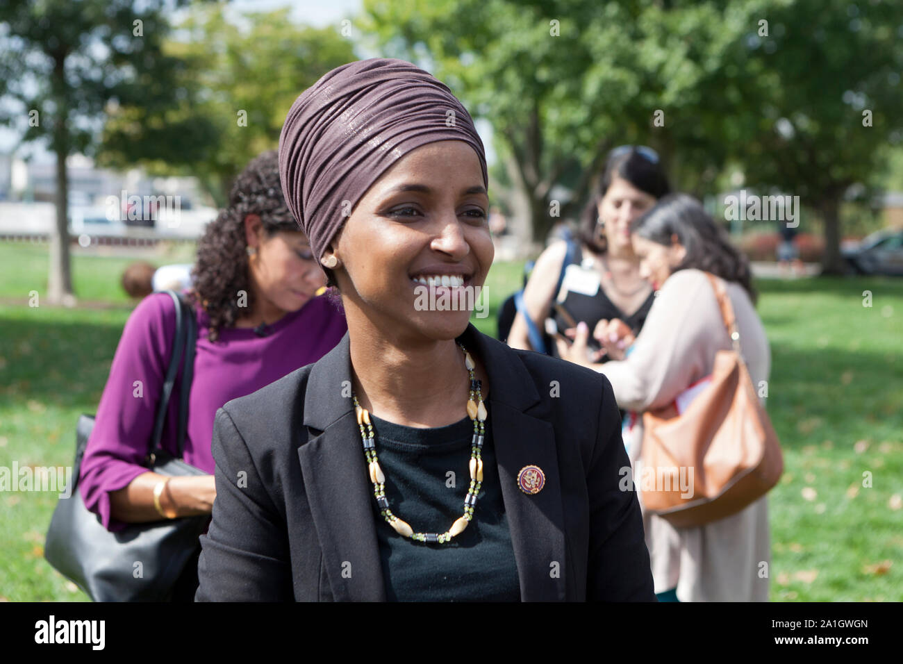 Sept. 26th, 2019, Washington, DC:  US Congresswoman Ilhan Omar (D-MN), Congresswoman Barbara Lee (D-CA), and Congressman Al Green (D-TX), speak at an 'Impeach Trump' rally, hosted by Progressive Democrats of America, in front of the US Capitol. Stock Photo