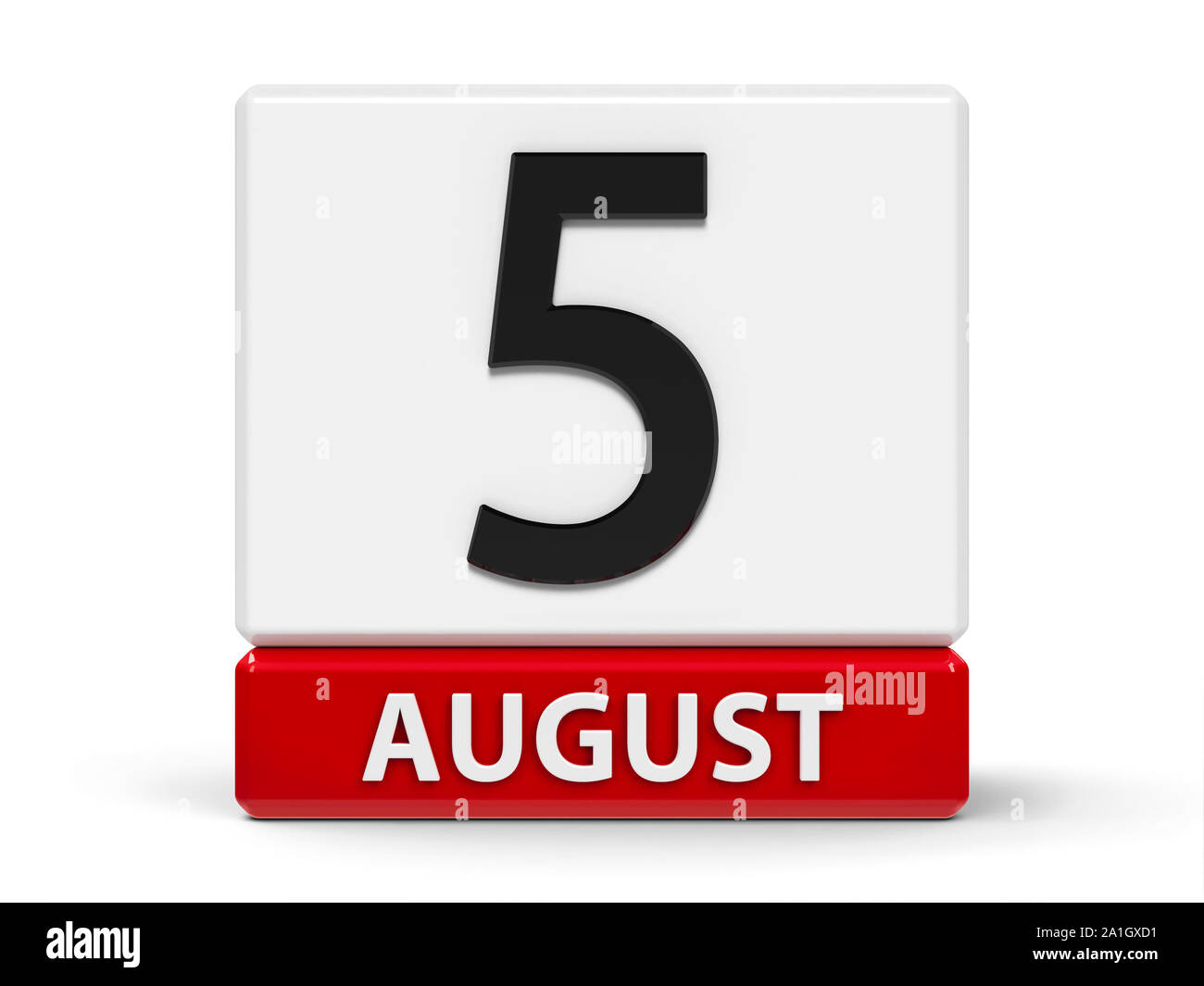 Red and white calendar icon from cubes - The Fifth of August - on a white table, three-dimensional rendering, 3D illustration Stock Photo