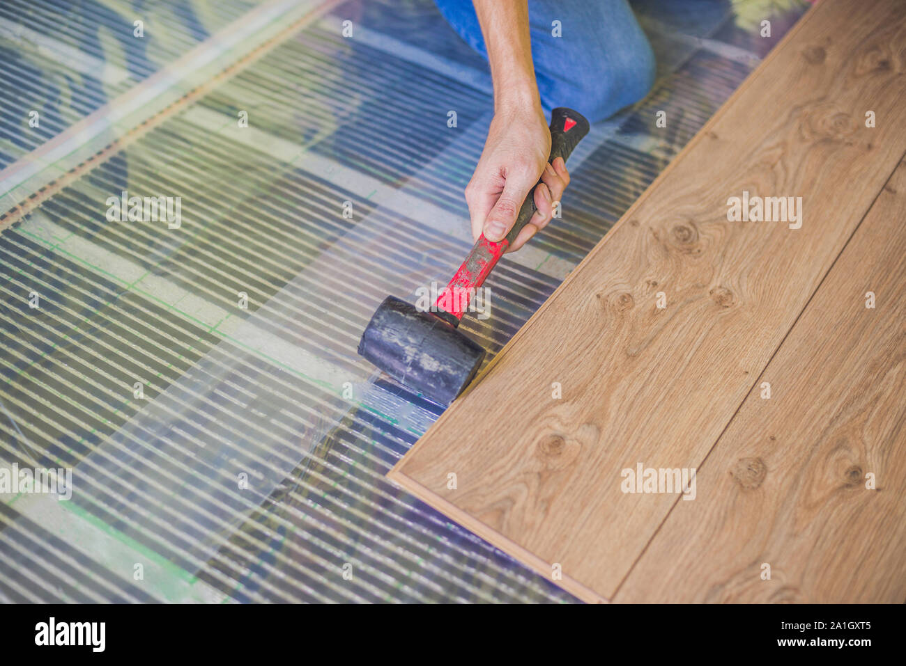 Man installing new wooden laminate flooring on a warm film floor. infrared floor heating system