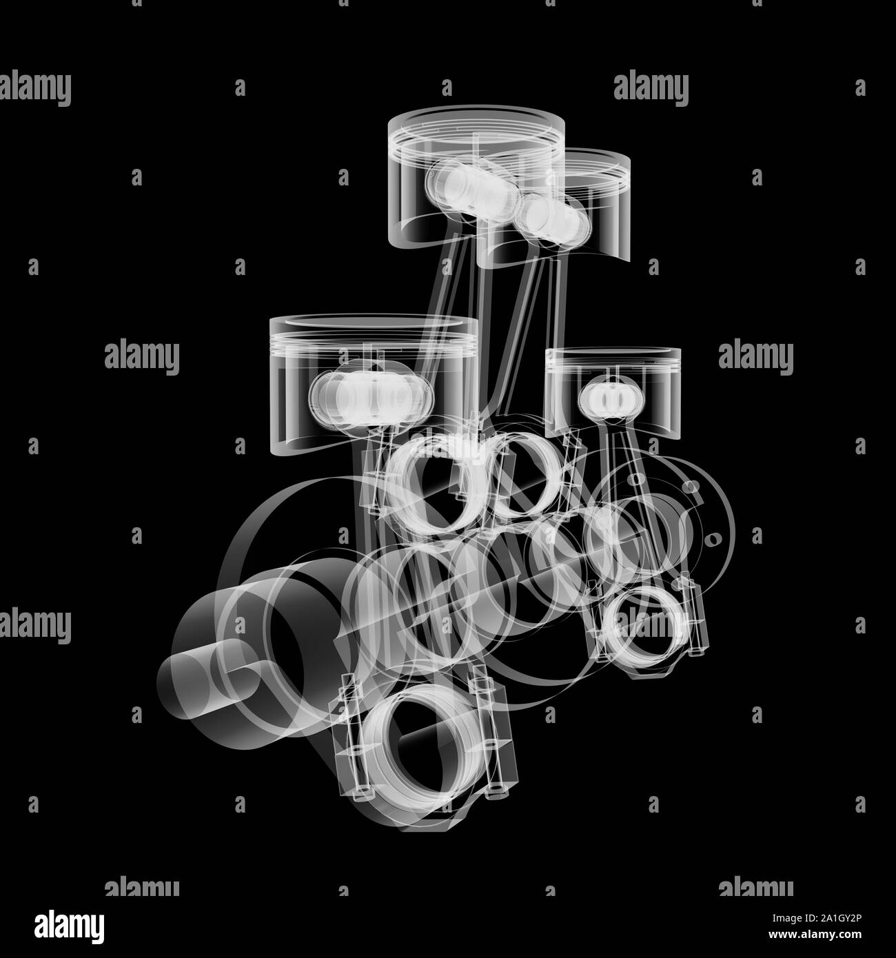 Pistons and crankshaft XRay style. Isolated on black background. 3D