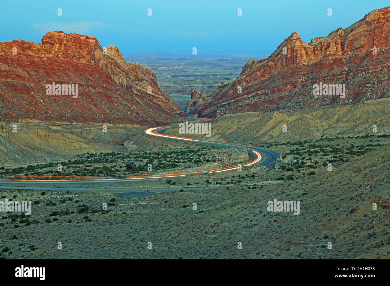 Traffic lights snaking through Spotted Wolf Canyon, Utah Stock Photo