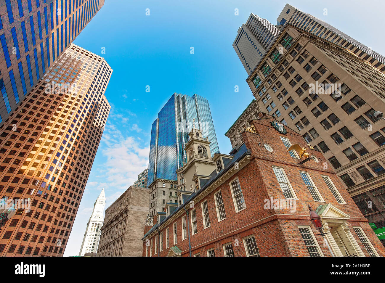 Massachusetts Old State House in Boston historic city center, located close to landmark Beacon Hill and Freedom Trail Stock Photo