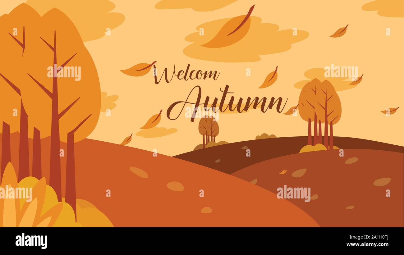 park illustration with falling leafs at autumn season in flat design ...