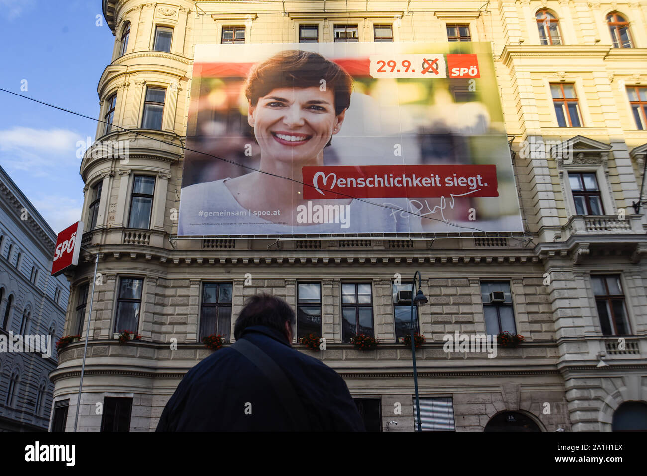 Vienna, Austria. 26th Sep, 2019. An election poster Pamela Rendi-Wagner, leader of Austrian Social Democratic Party (SPOe) and SPOe top candidate ahead of Sunday's snap parliamentary elections on September 29, 2019 after media published a hidden-camera footage where OeVP's coalition partner, the far-right Freedom Party (FPOe) was caught up on a corruption scandal and brought the government down. Credit: SOPA Images Limited/Alamy Live News Stock Photo
