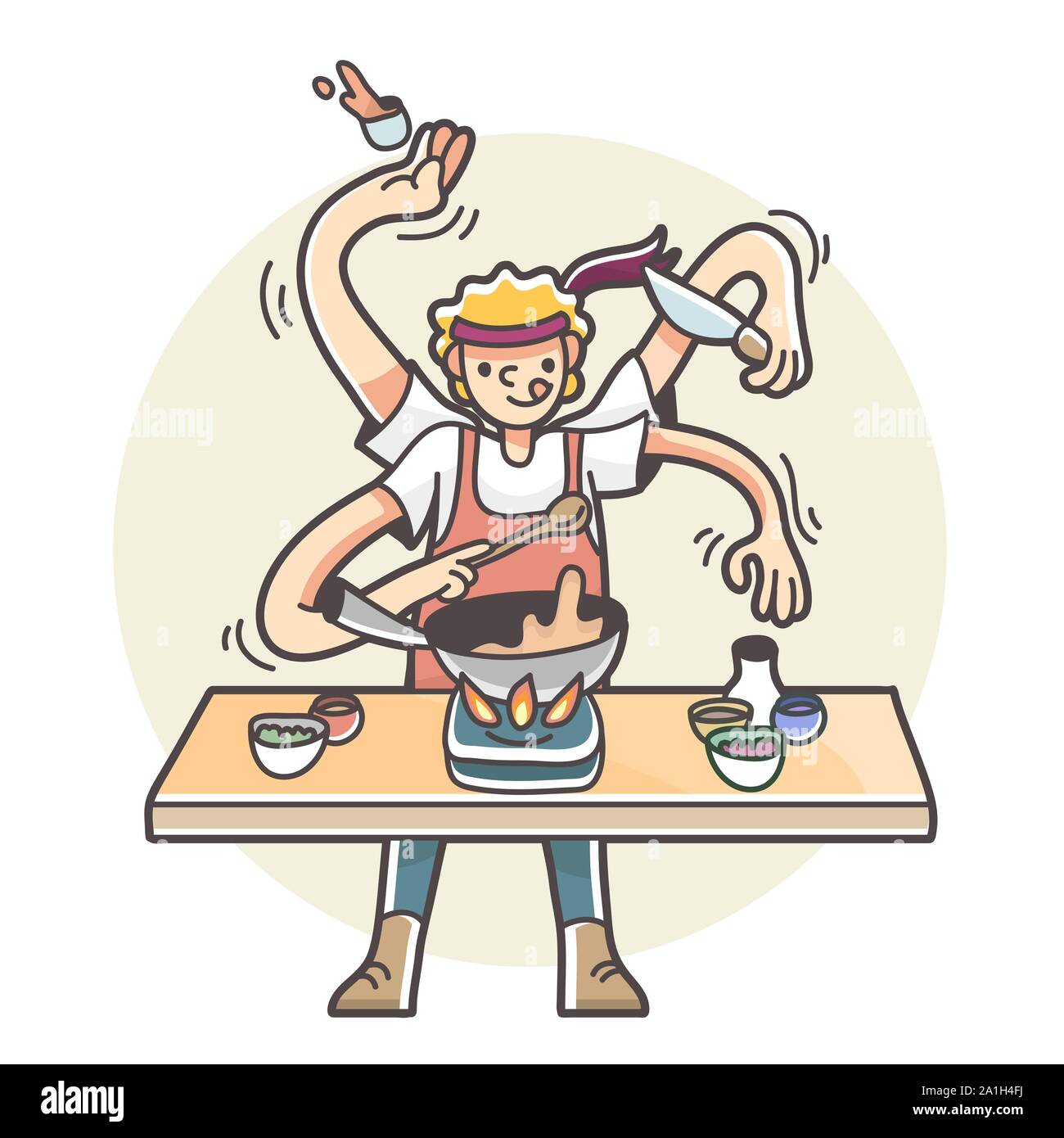 Man with multiple arms cooking multitasking illustration Stock Vector