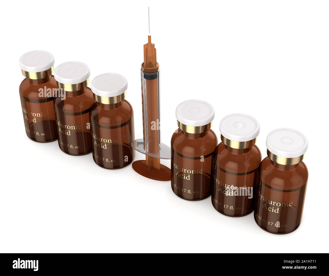 3d render of hyaluronic acid vials with syringe isolated over white background Stock Photo
