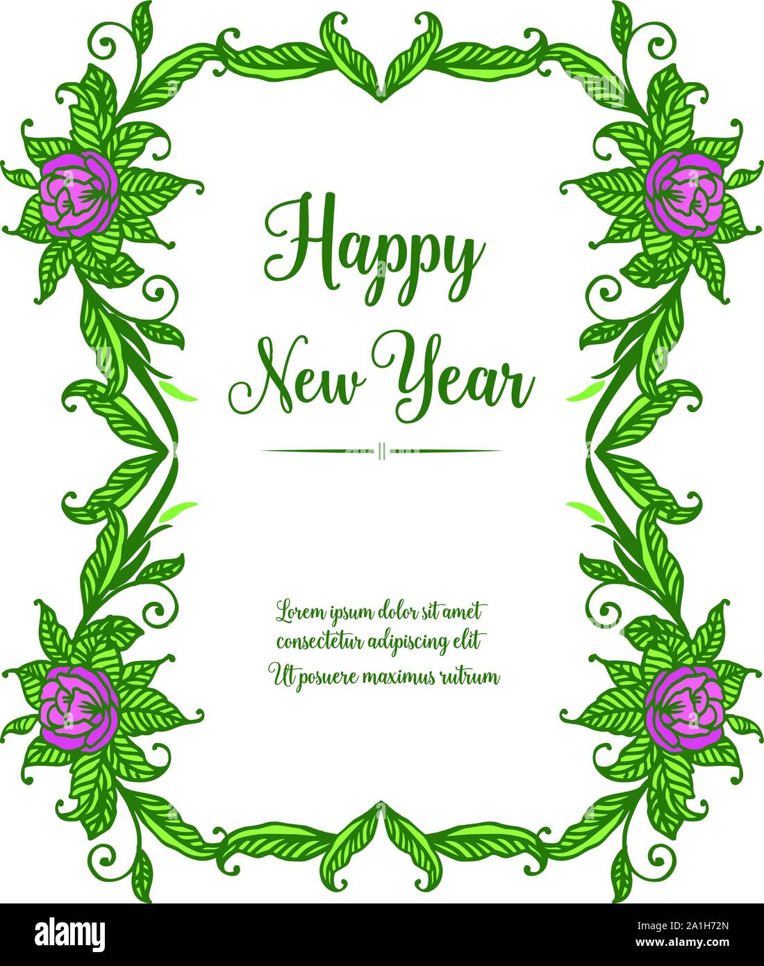 Text happy new year with vintage style green leafy flower frame. Vector ...