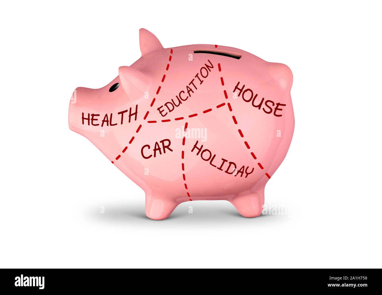 sharing of savings concept, piggy bank divided into parts Stock Photo
