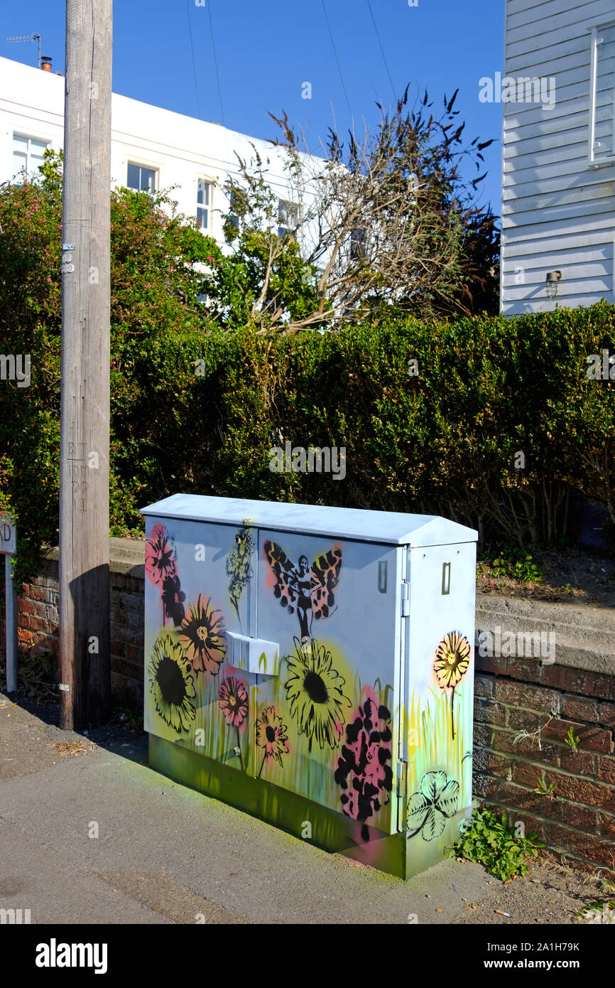 BT Open reach telecommunications box, decorated with artwork for Coastal Currents Arts Festival 2019, Hastings, East Sussex, UK. Openreach bt Stock Photo