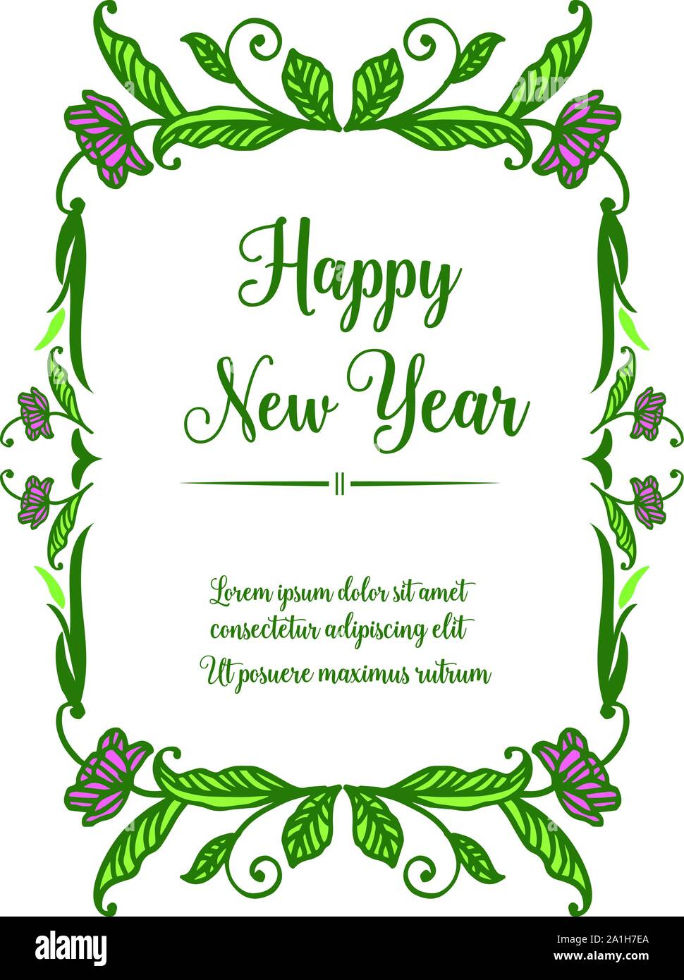 Poster or banner for happy new year, with nature green leaves frame and ...