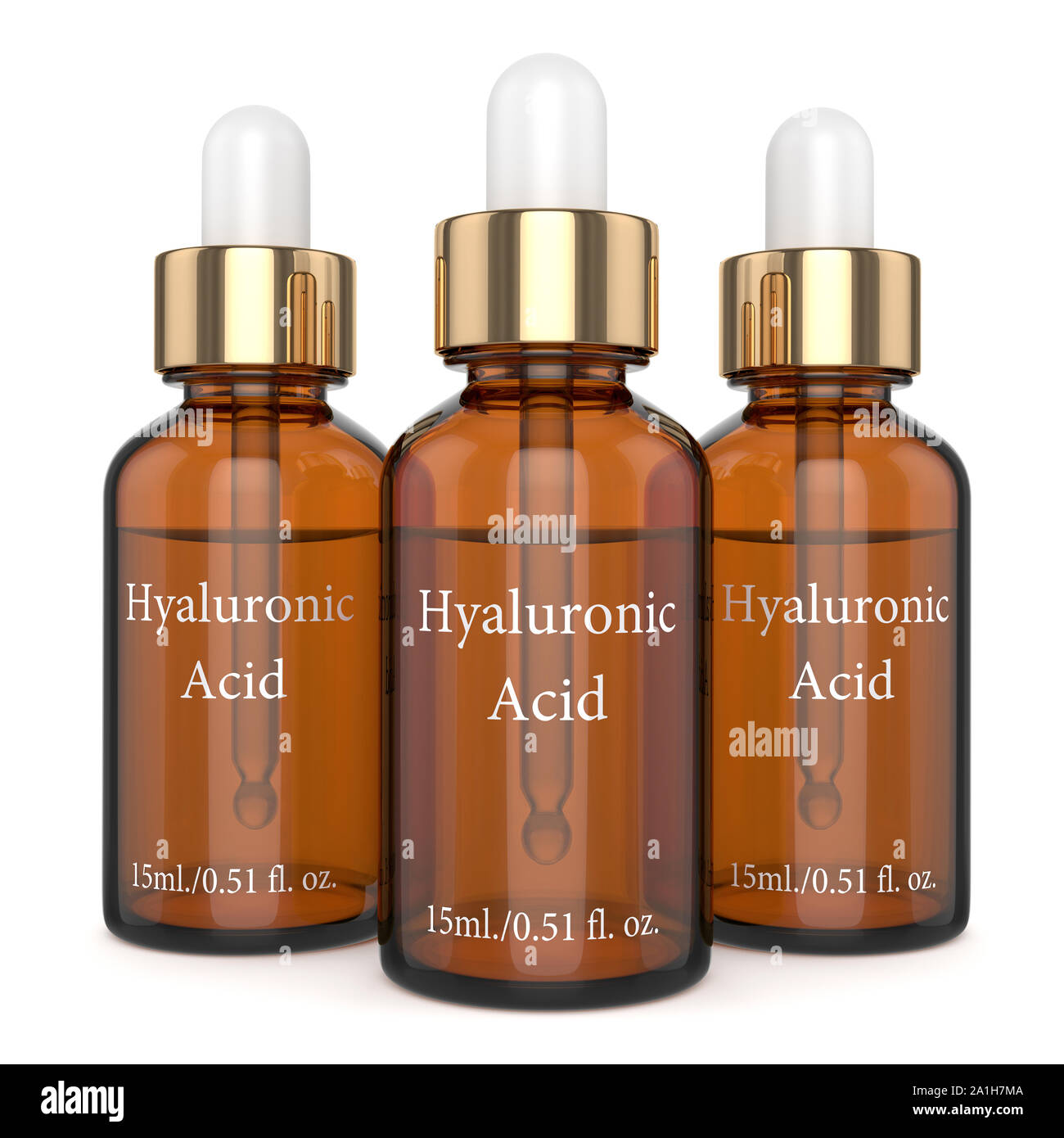 3d render of hyaluronic acid bottles with dropper isolated over white background Stock Photo