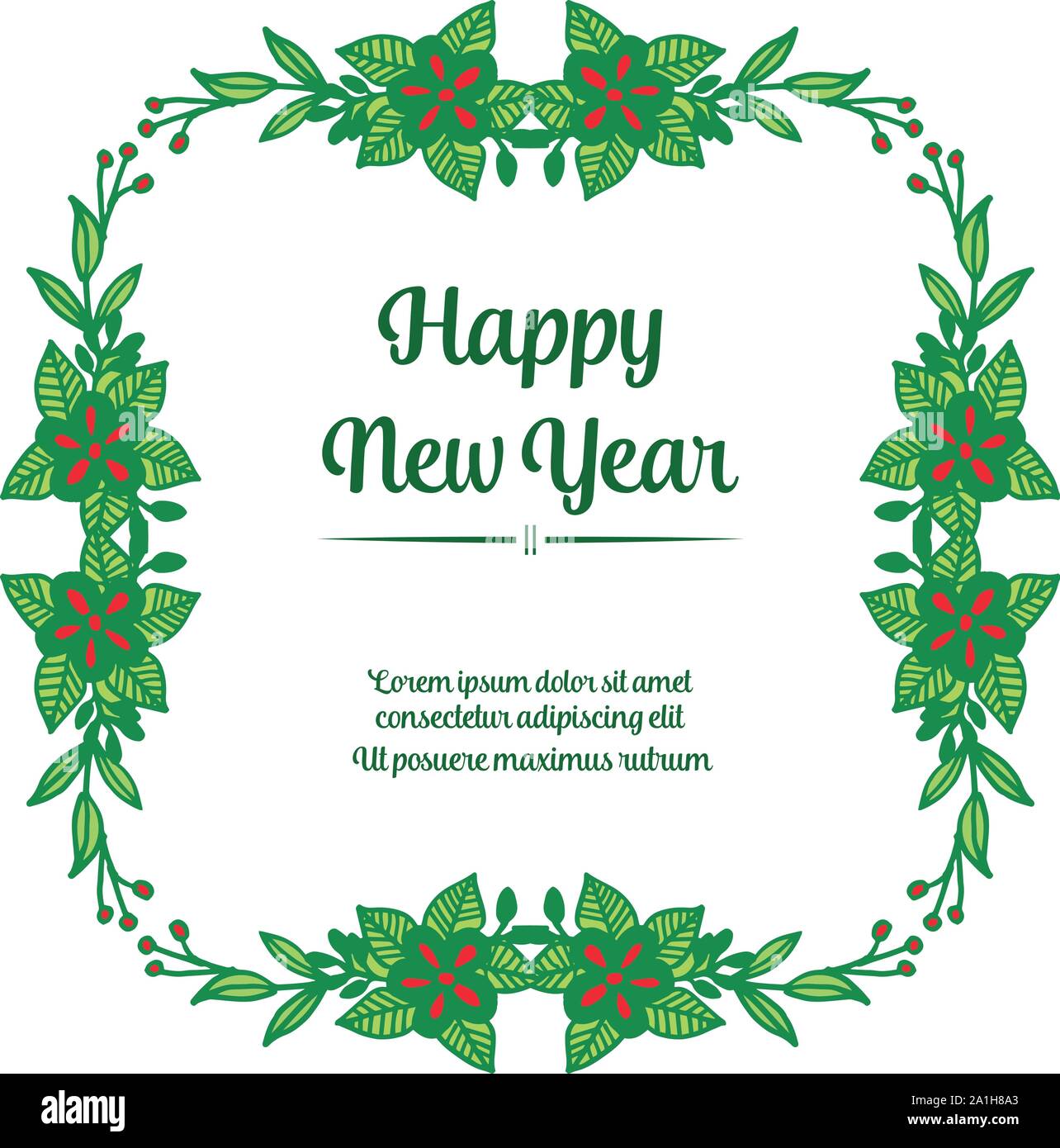 Greeting card happy new year, with design red flower frame. Vector ...
